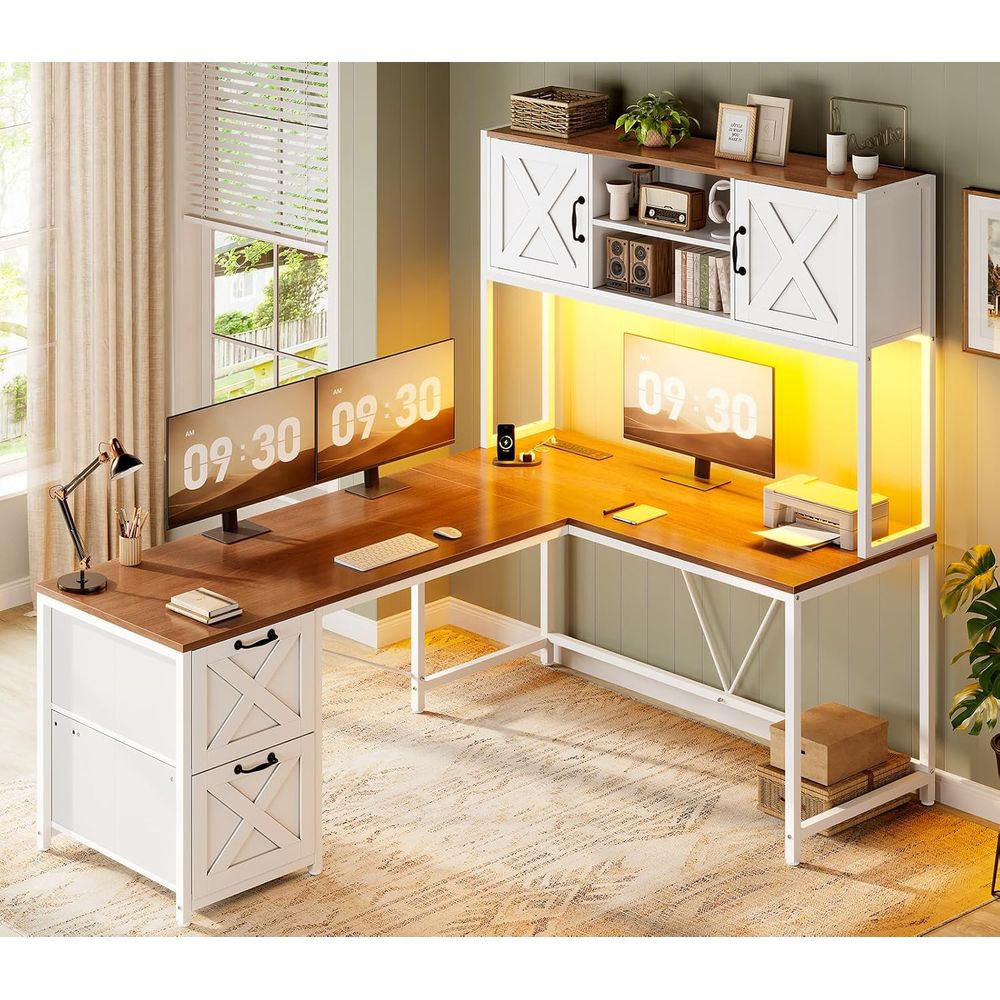 Home Office With Two Desks - L-förmiger Schreibtisch mit Aufsatz, umkehrbarer 86,6-Zoll-Computertisch