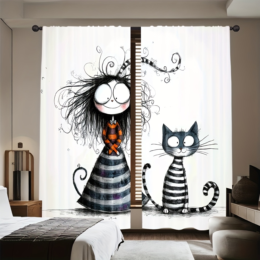 Home Office Tim - 2 Stück Gothic-Mädchen- und Katzen-Vorhänge im