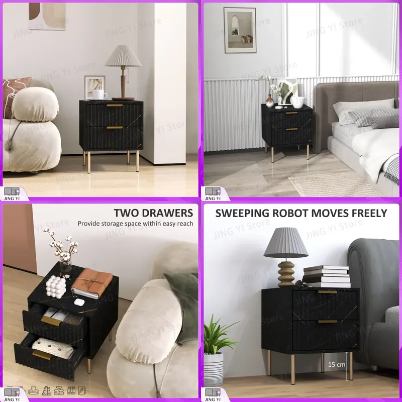 Home Office With Two Desks - Eleganter Nachttisch mit zwei Schubladen, Schwarz,