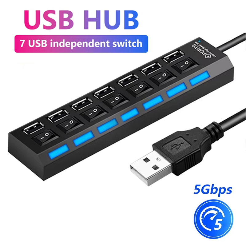 Home Office Pc - 7-Port-USB-2.0-Hub-Splitter für Laptop-Computerzubehör, LED-Anzeige, unabhängige Steuerung,